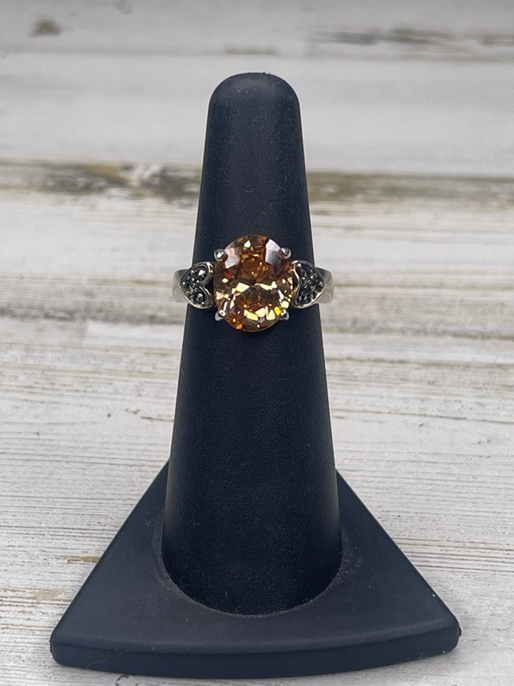 Sterling Silver Peach Crystal Marcasite Heart Statement Ring